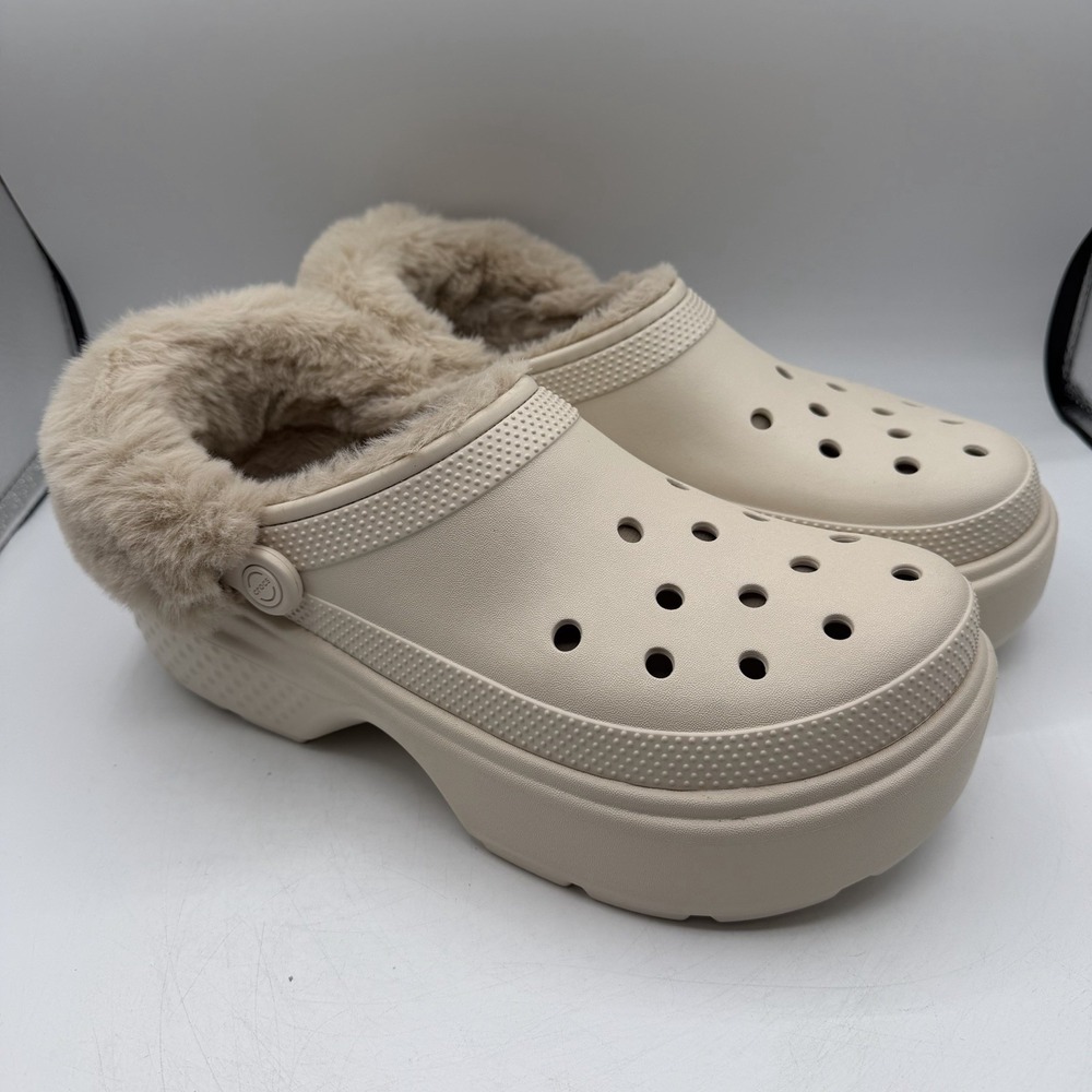 Crocs Stomp Lined Clogs Mens Sz 12 Stucco Fur Lined Platform Slip On Warm Fuzzy